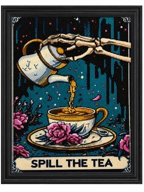 Spill The Tea Framed Diamond Art Print - Teacup & Skeleton Pour